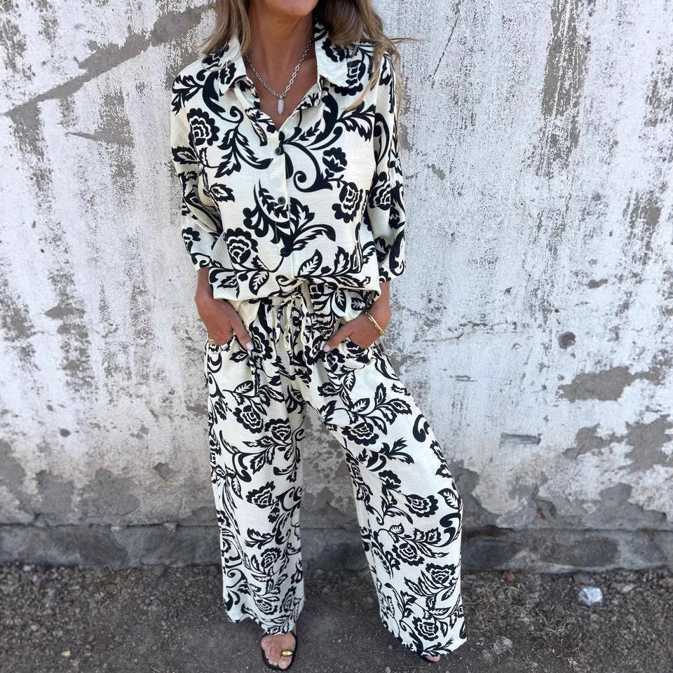 Women's Floral Print Button-Up Shirt and Wide-Leg Trouser Set Stalluxe