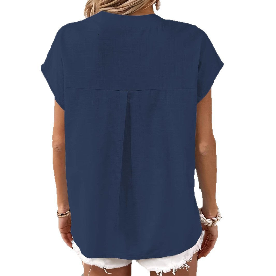 Damen stylisches Kurzarm-Oberteil mit Knopfdetails und trendigem Stehkragen Stalluxe