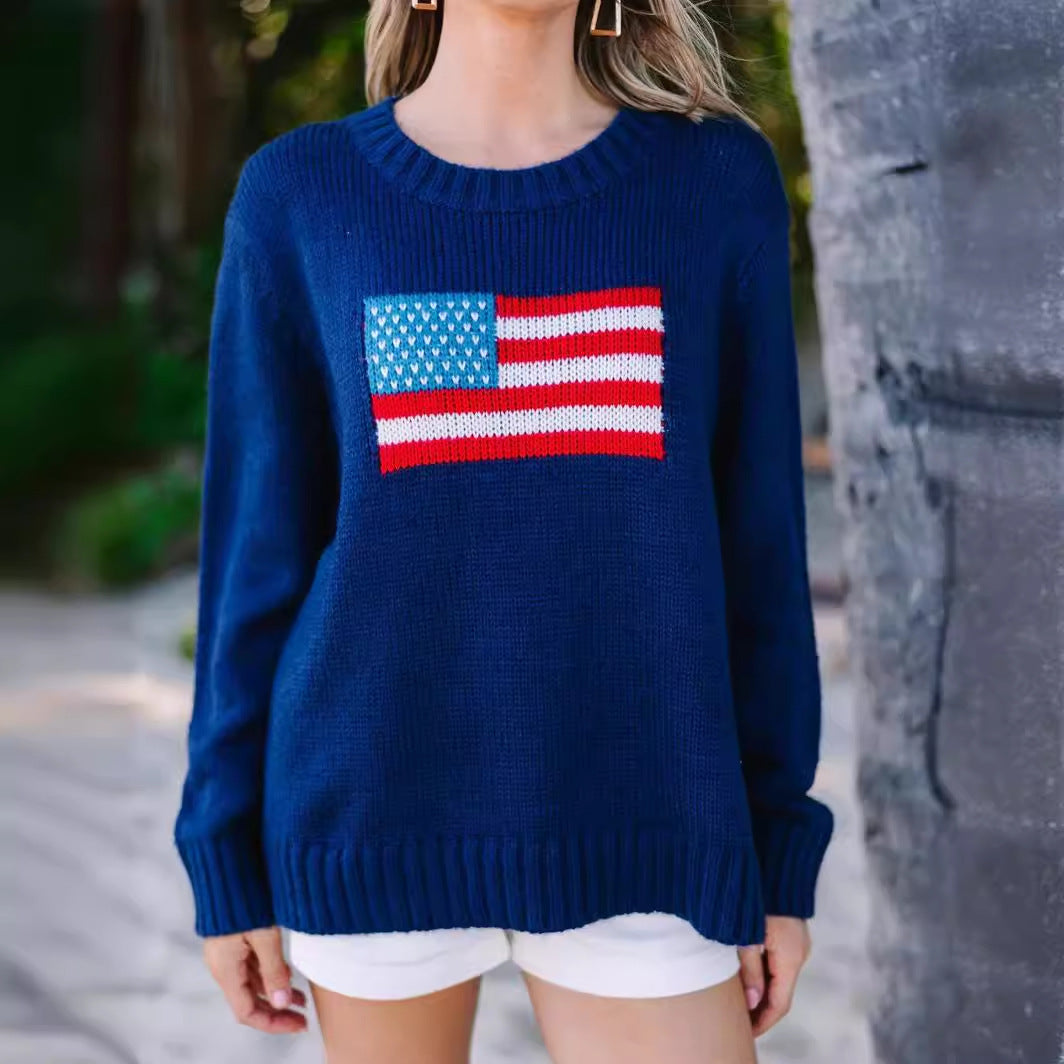 Damen trendiger Pullover mit USA-Flaggenstickerei aus luftiger Baumwolle Stalluxe