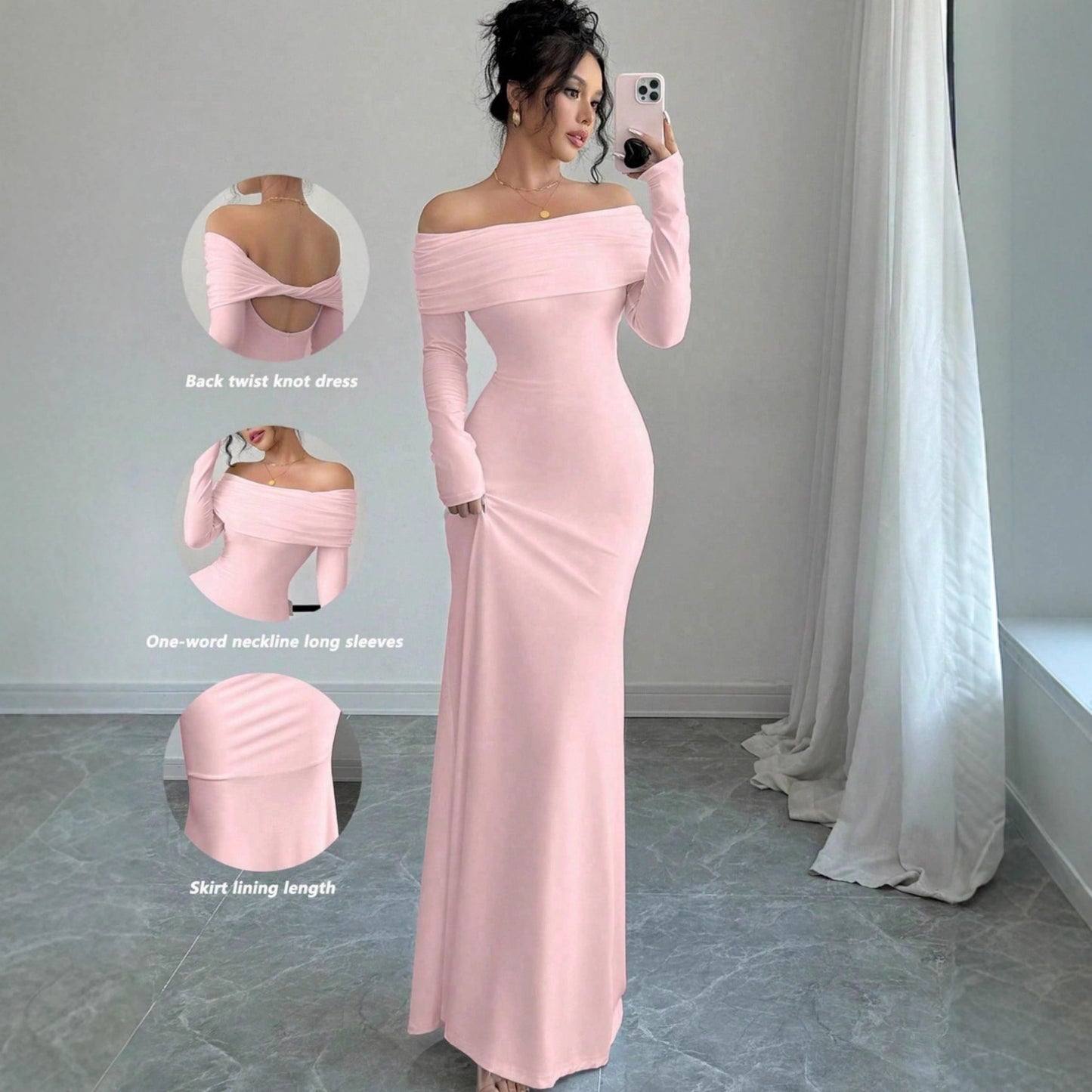 Damen elegantes Schulterfreies Langarm-Maxi-Kleid mit raffinierten Rückendetails Stalluxe