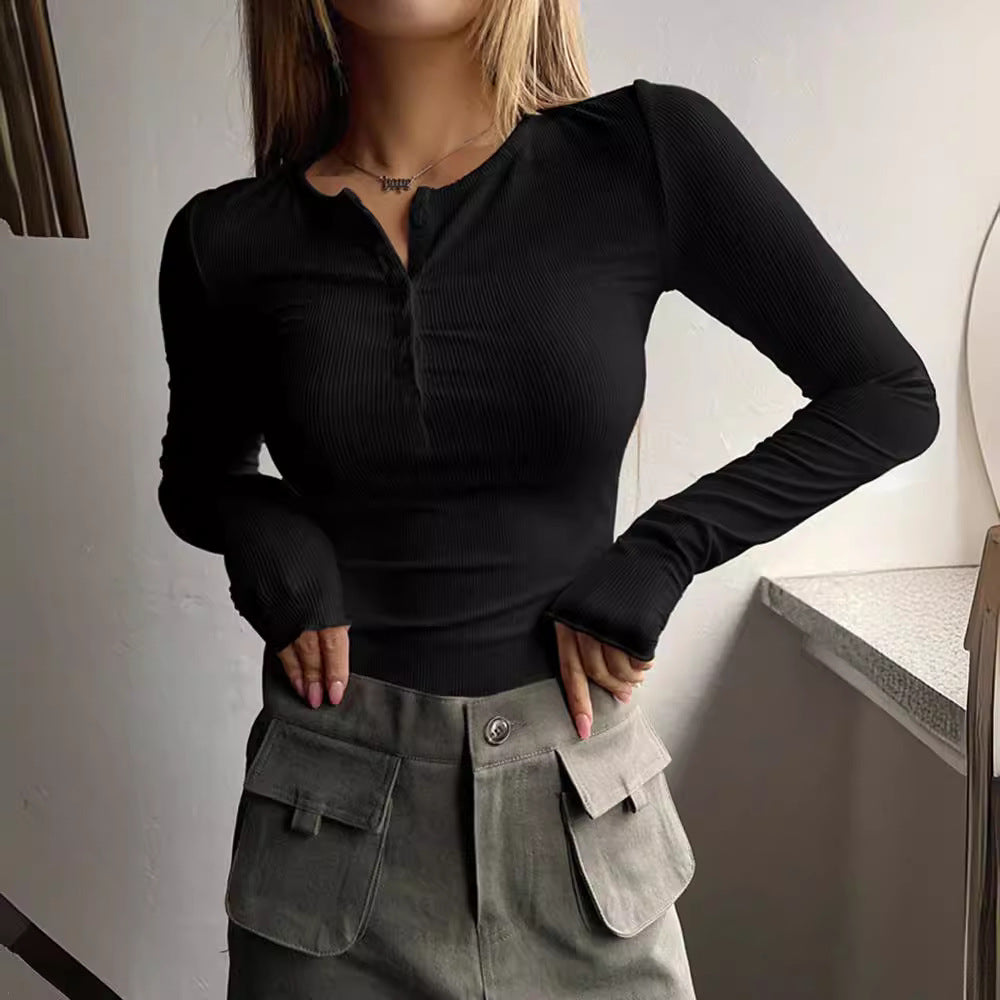Women's Ribbed Long Sleeve Henley Top Stalluxe