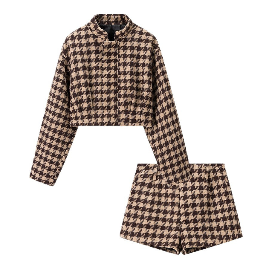 Damen modisches cropped Set mit Karomuster und elegantem Stehkragen Stalluxe
