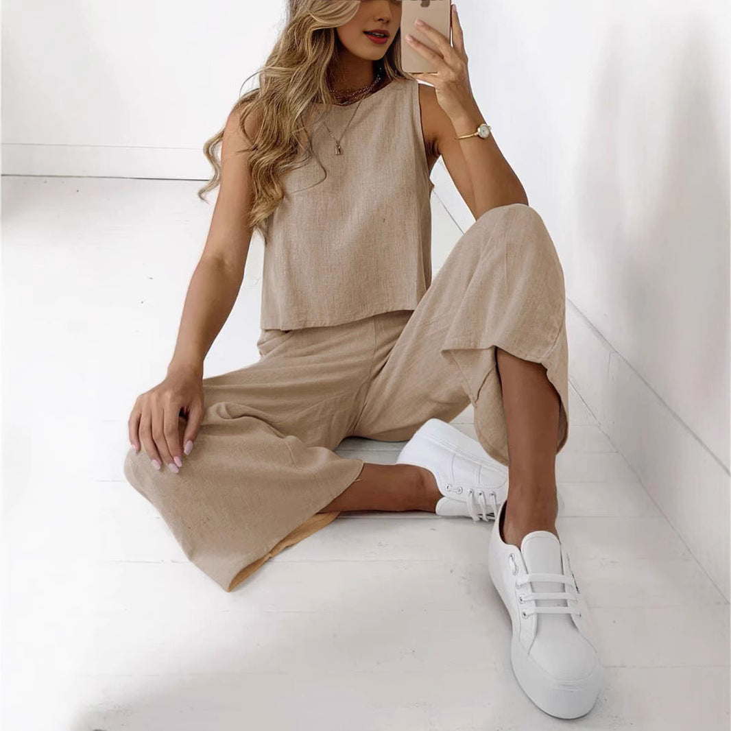 Damen Lässiges Zweiteiliges Set aus weichem Leinenstoff mit weitem Schnitt und elastischem Bund Stalluxe