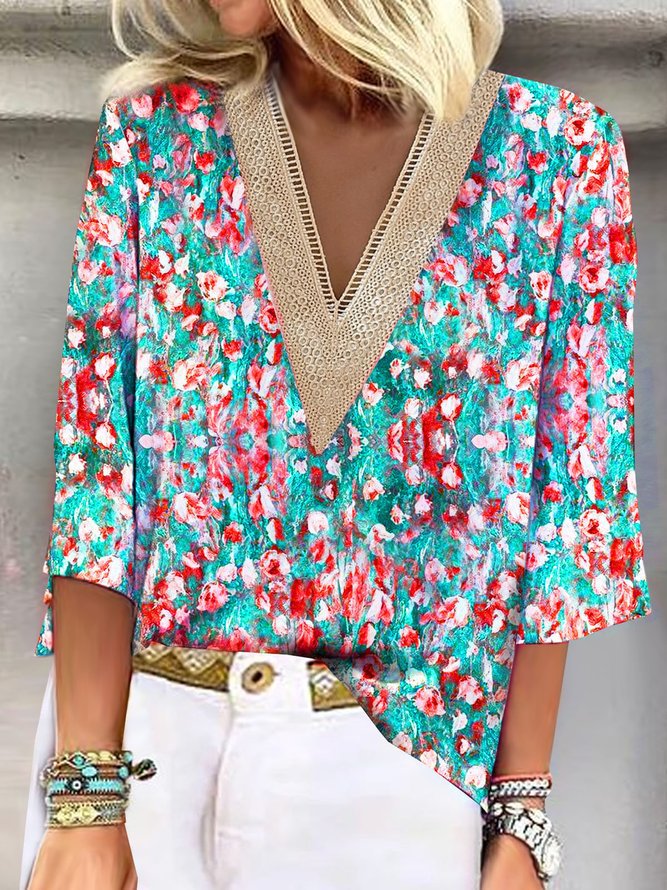 Damen Fashion Bluse mit V-Ausschnitt und Spitze Stalluxe