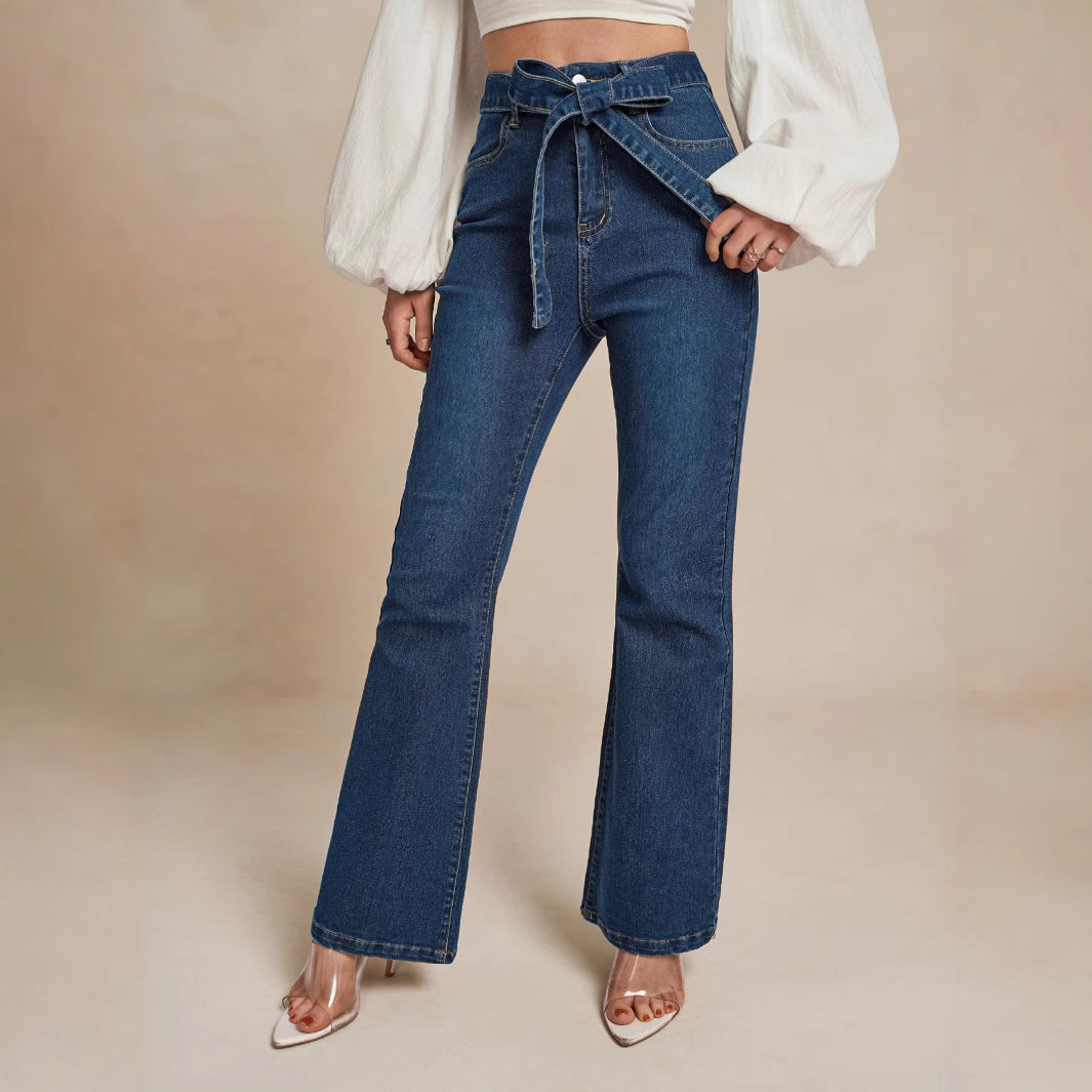 Damen Hohe Taille Jeans mit lässigem Schlag und dekorativem Bund Stalluxe