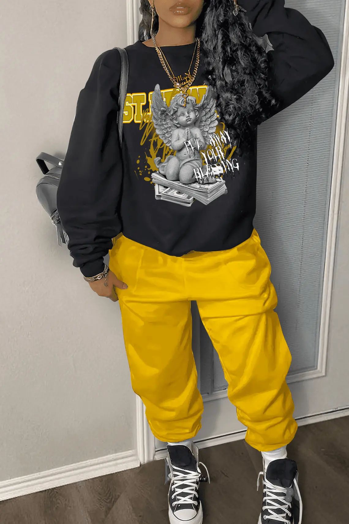 Damen Freizeit Hoodie und Jogginghose Set mit kreativem Engel-Motiv Stalluxe