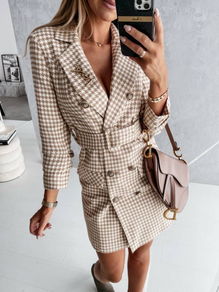 Damen eleganter Karomantel mit Taillengürtel Stalluxe