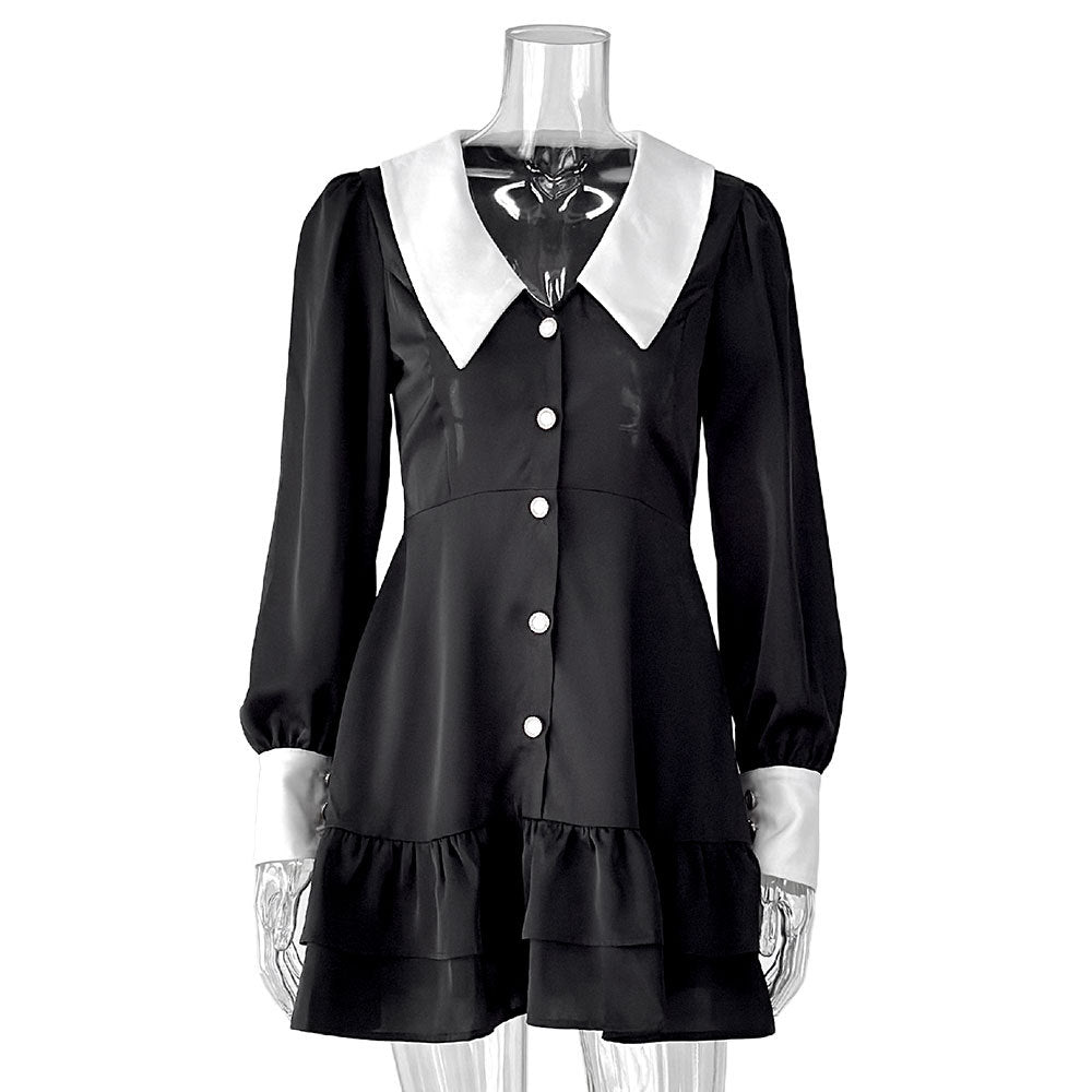 Damen Kleid mit Kontrastkragen und Rüschendetails Stalluxe