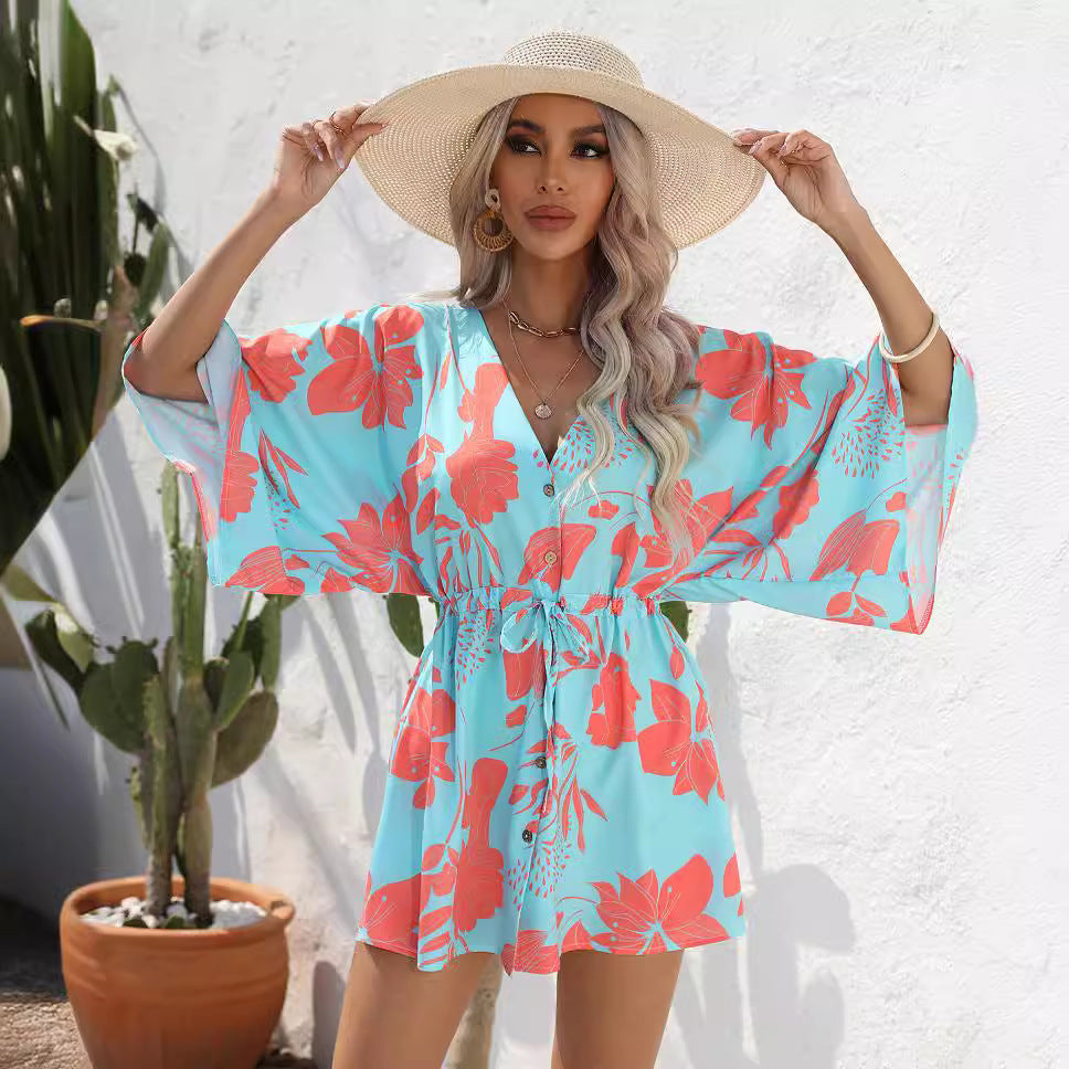 Damen Freizeit-Kleid mit floralem Design und Taillengürtel Stalluxe