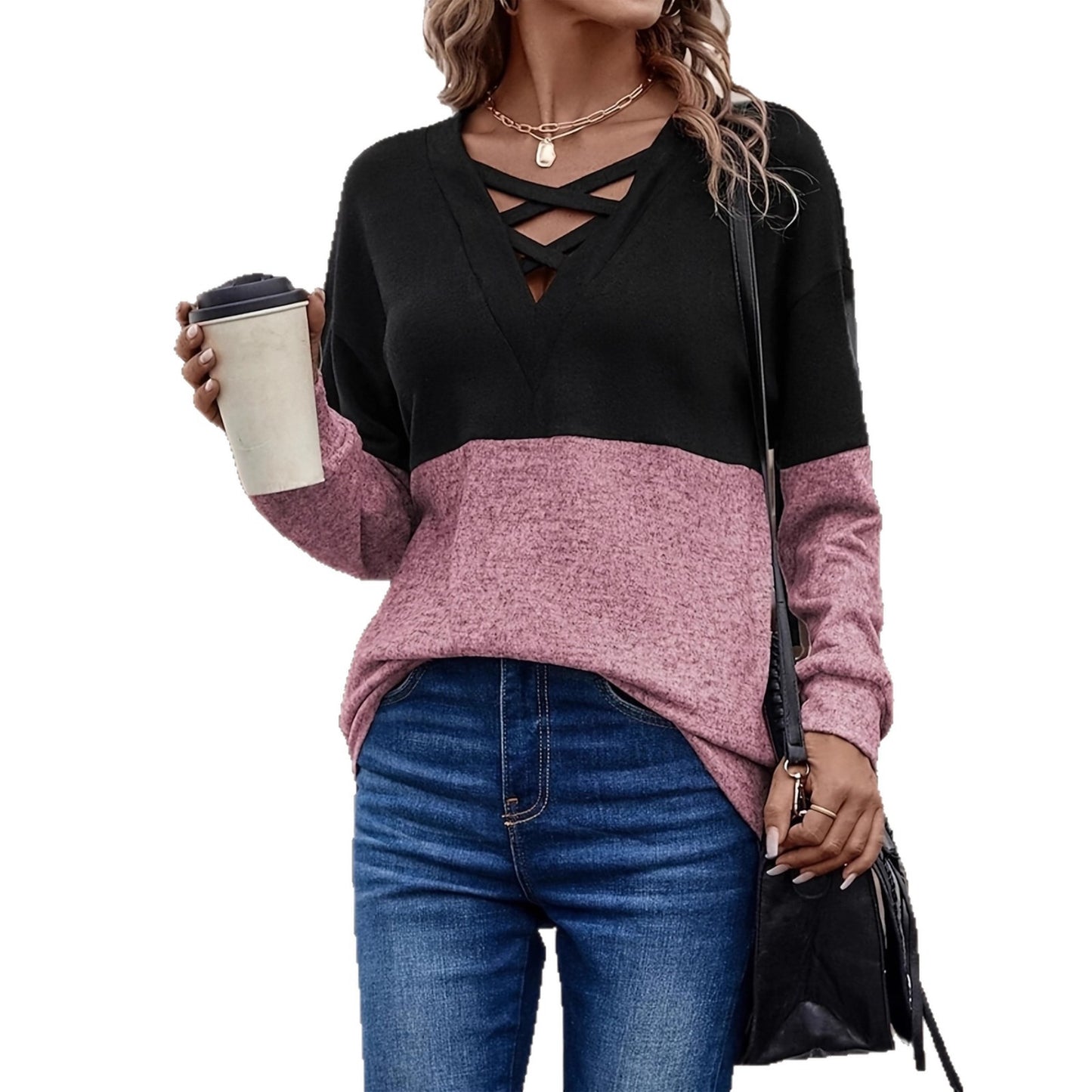 Damen lässiger Pullover mit V-Ausschnitt und Cut-Out-Details Stalluxe