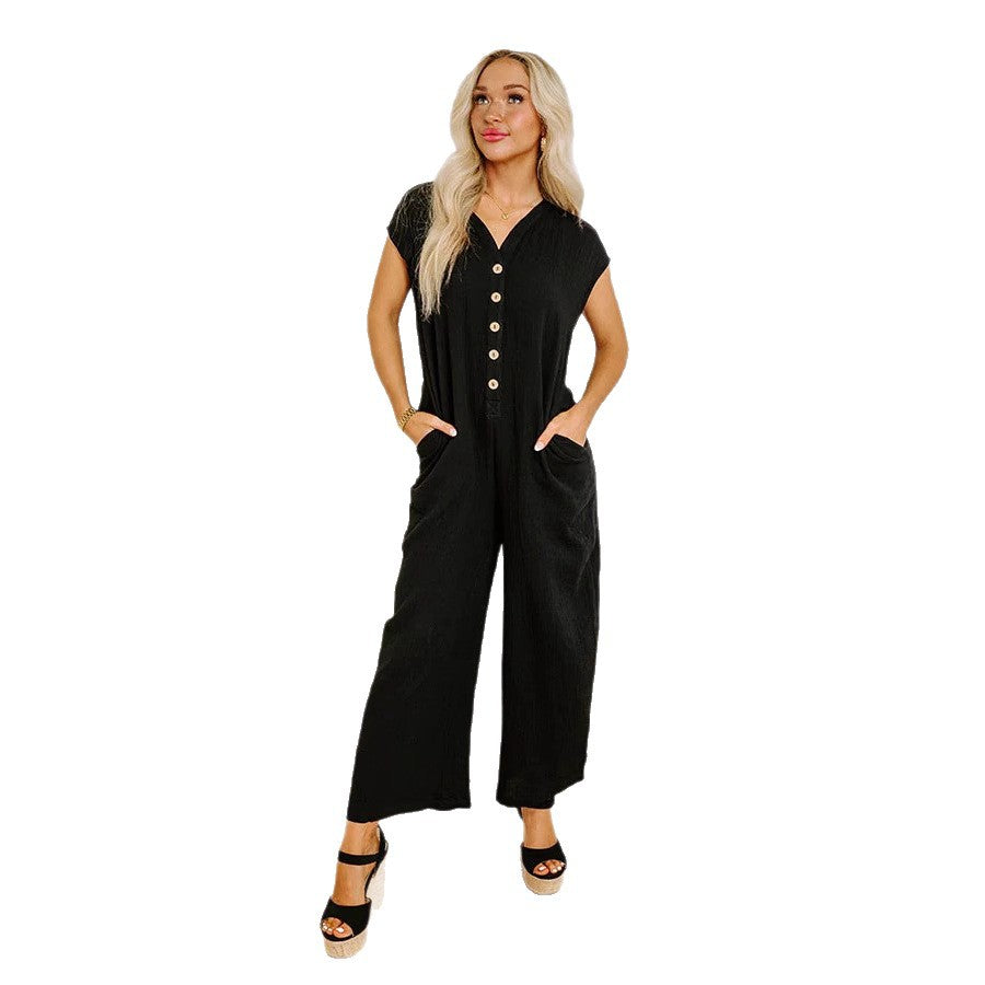 Damen Jumpsuit mit Knopfleiste und weit geschnittenem Bein Stalluxe