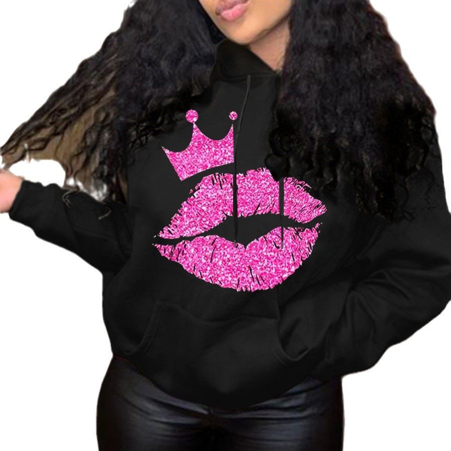 Damen Kapuzensweatshirt mit auffälligem Lippenmotiv und Krone Stalluxe