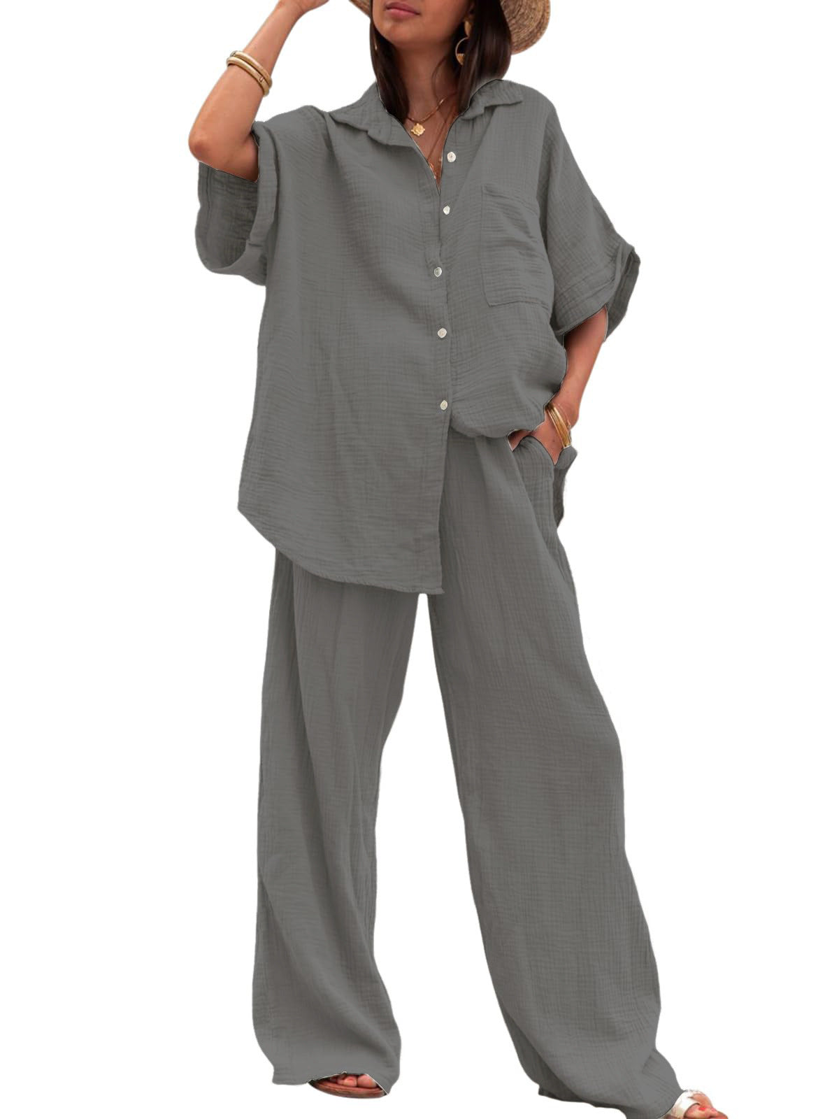 Damen luftiges Oversize-Hemd und weite Hose Set Stalluxe