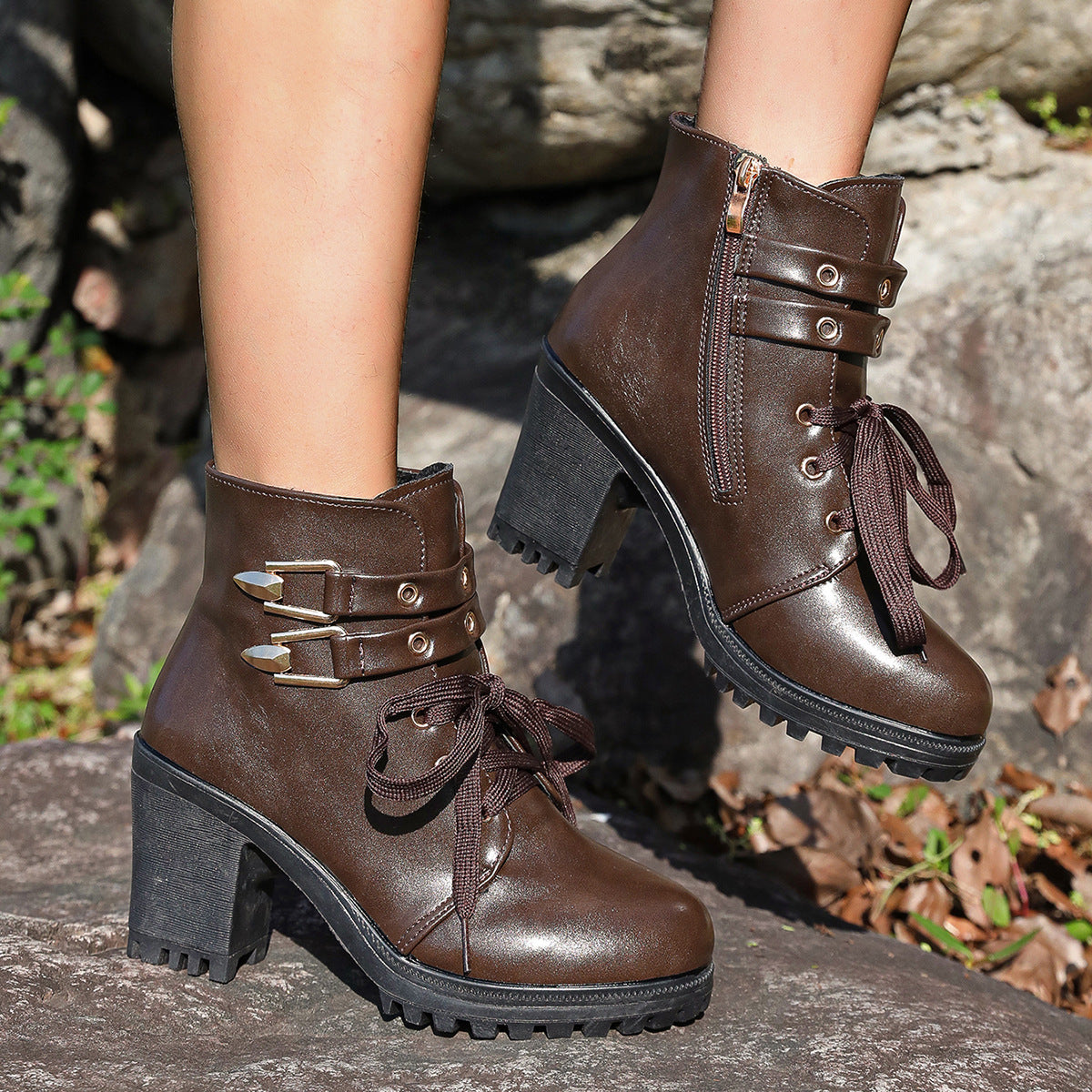 Damen modische Stiefeletten mit Blockabsatz und Schnürung Stalluxe
