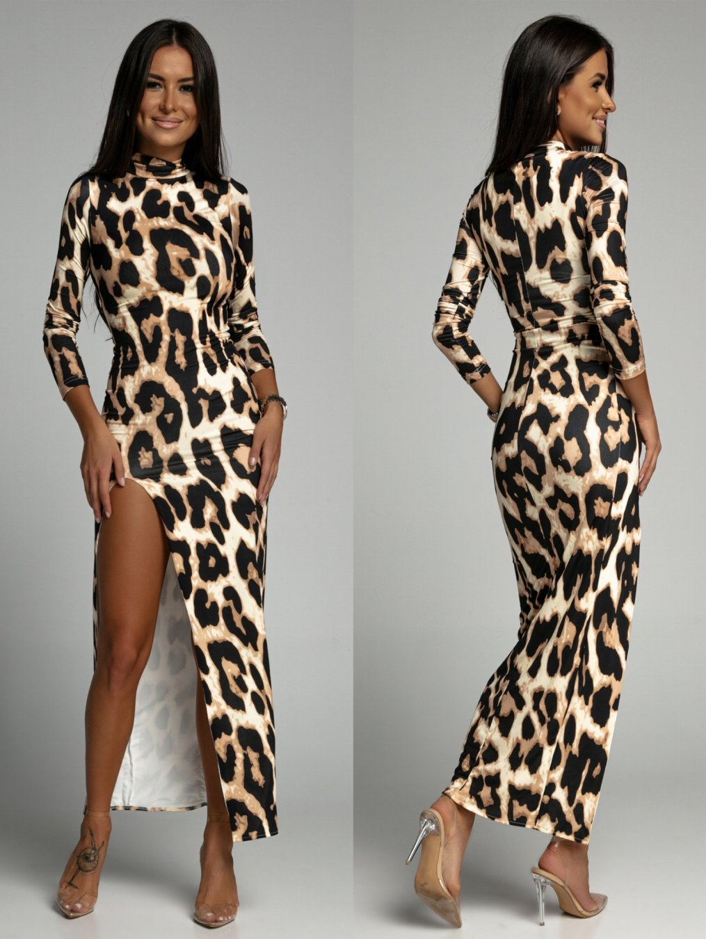 Damen Elegantes Maxikleid mit hohem Schlitz und Animal-Print Stalluxe