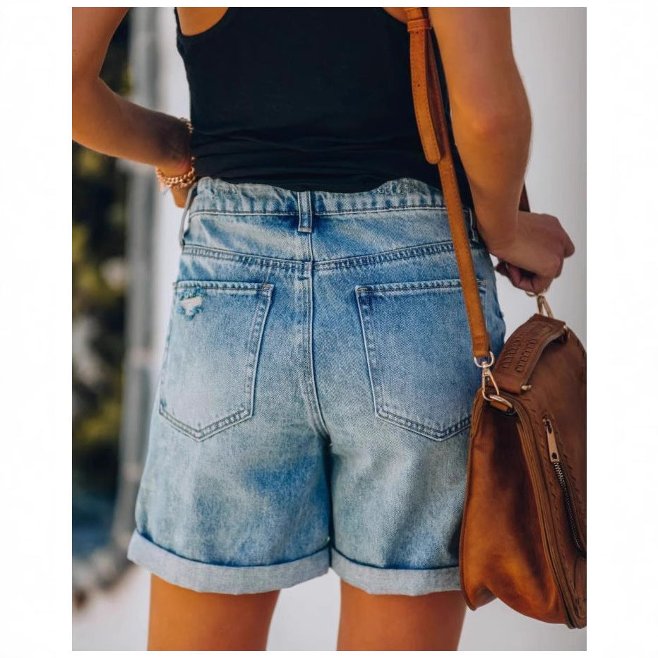 Damen lässige Denim-Shorts mit hochgekrempeltem Saum und Destroyed-Details Stalluxe