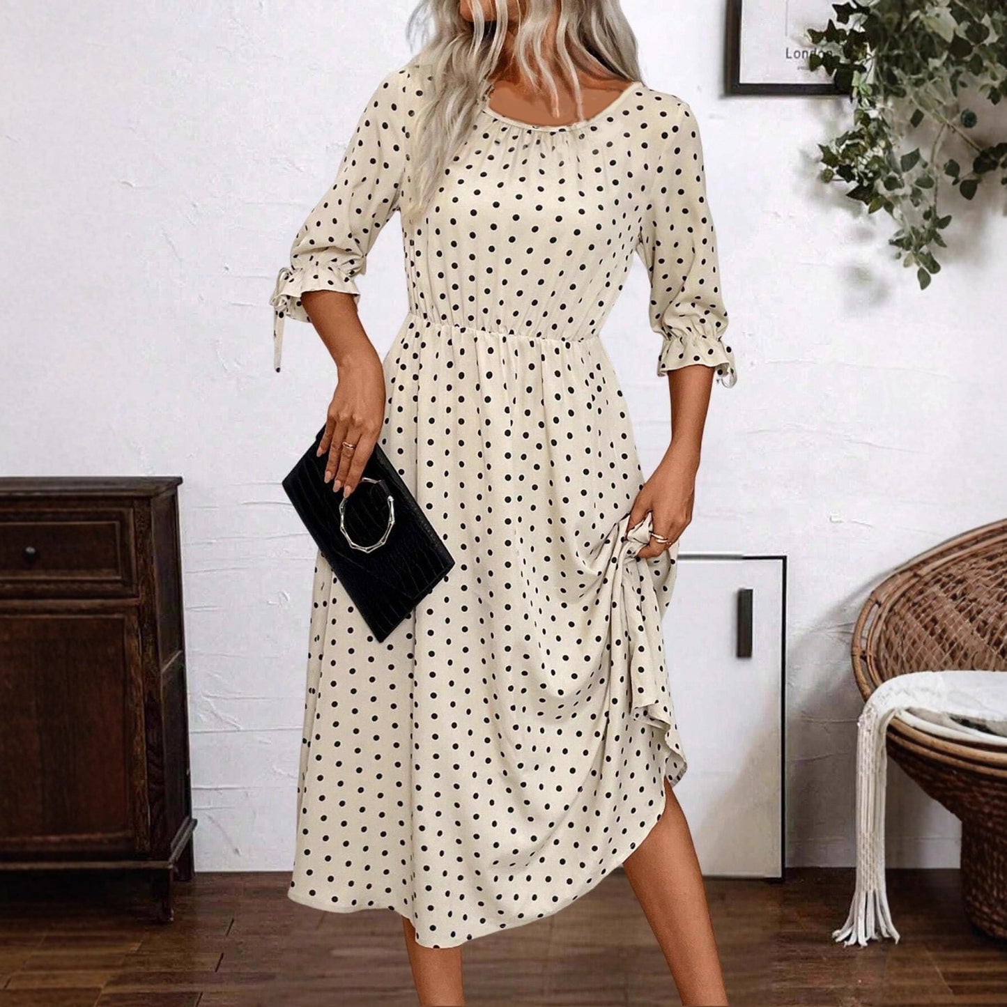 Damen Midikleid mit dekorativen Puffärmeln und elastischem Taillenbund Stalluxe