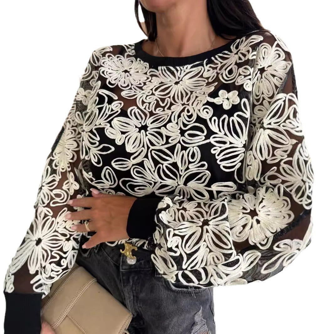 Damen Spitzenshirt mit floralen Stickereien und elastischen Bündchen Stalluxe