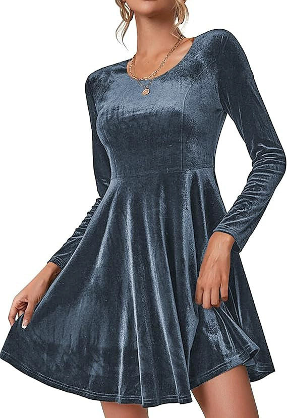 Damen Langarm Velours Kleid mit fließendem Rock Stalluxe