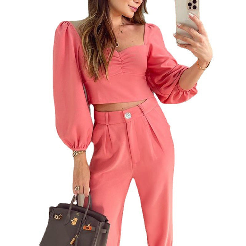 Damen modisches Zweiteiler-Set mit Puffärmeln und hochgeschnittener Hose Stalluxe