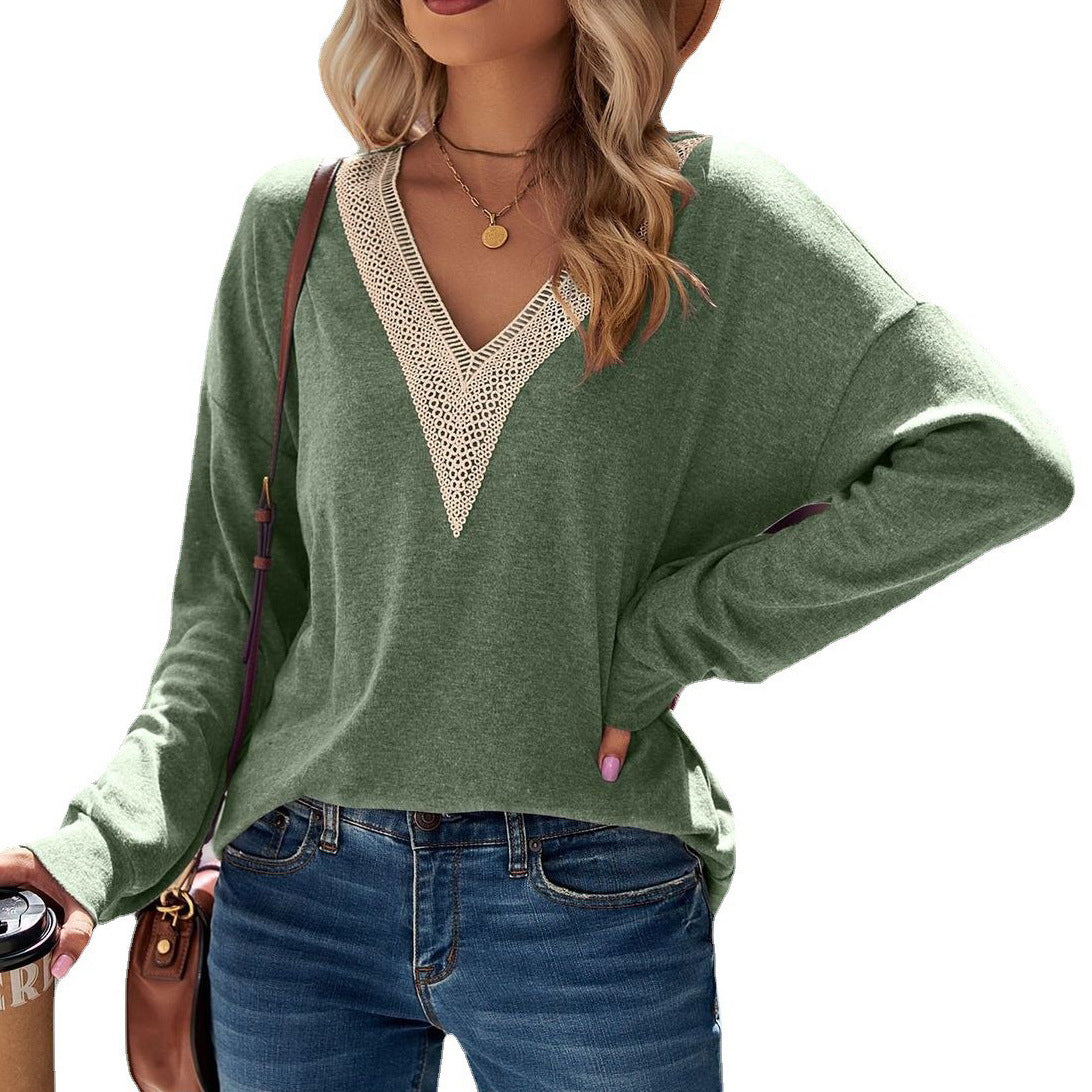 Damen V-Ausschnitt Shirt mit elegantem Häkel-Ausschnitt Stalluxe