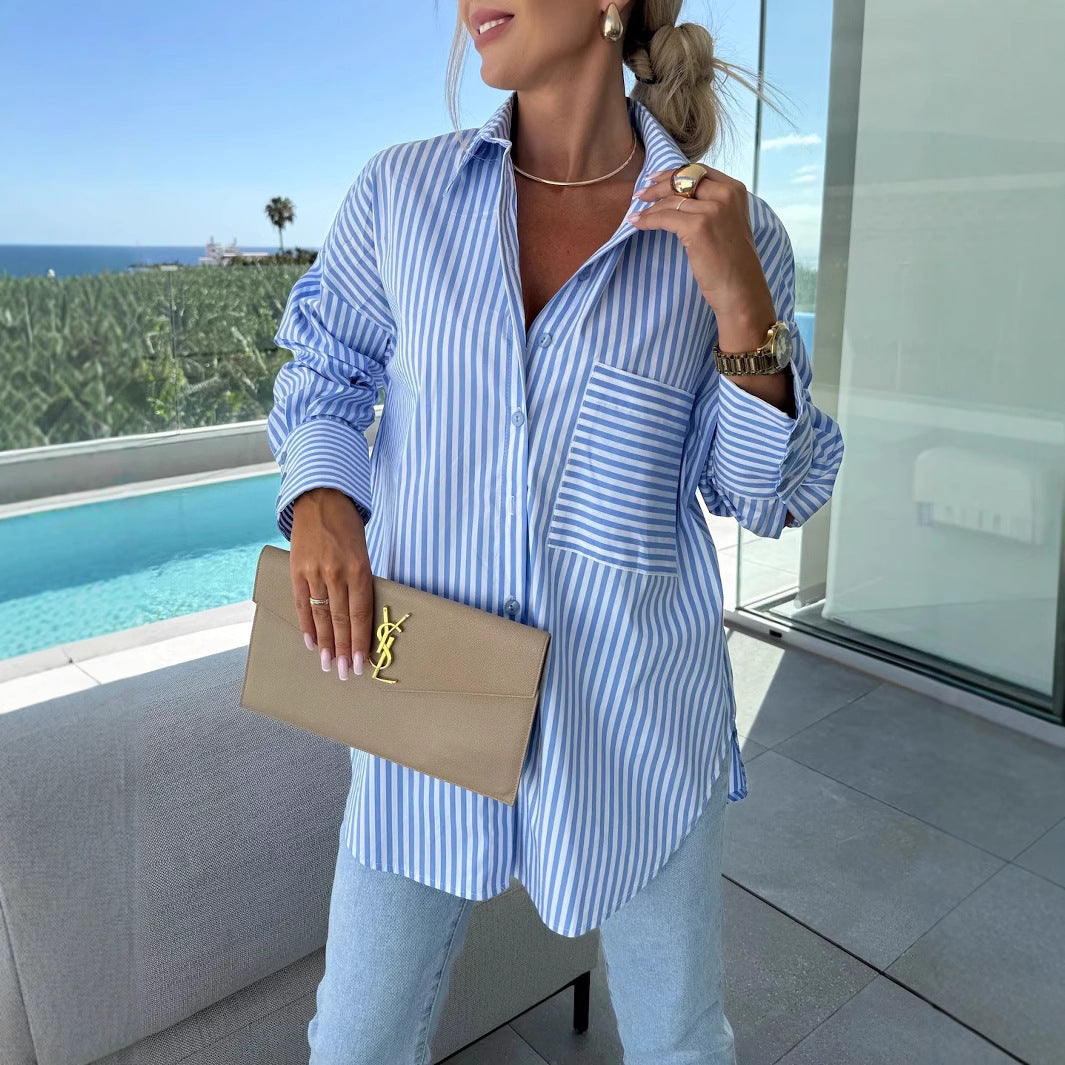 Damen Klassische Streifenbluse mit Brusttasche Stalluxe