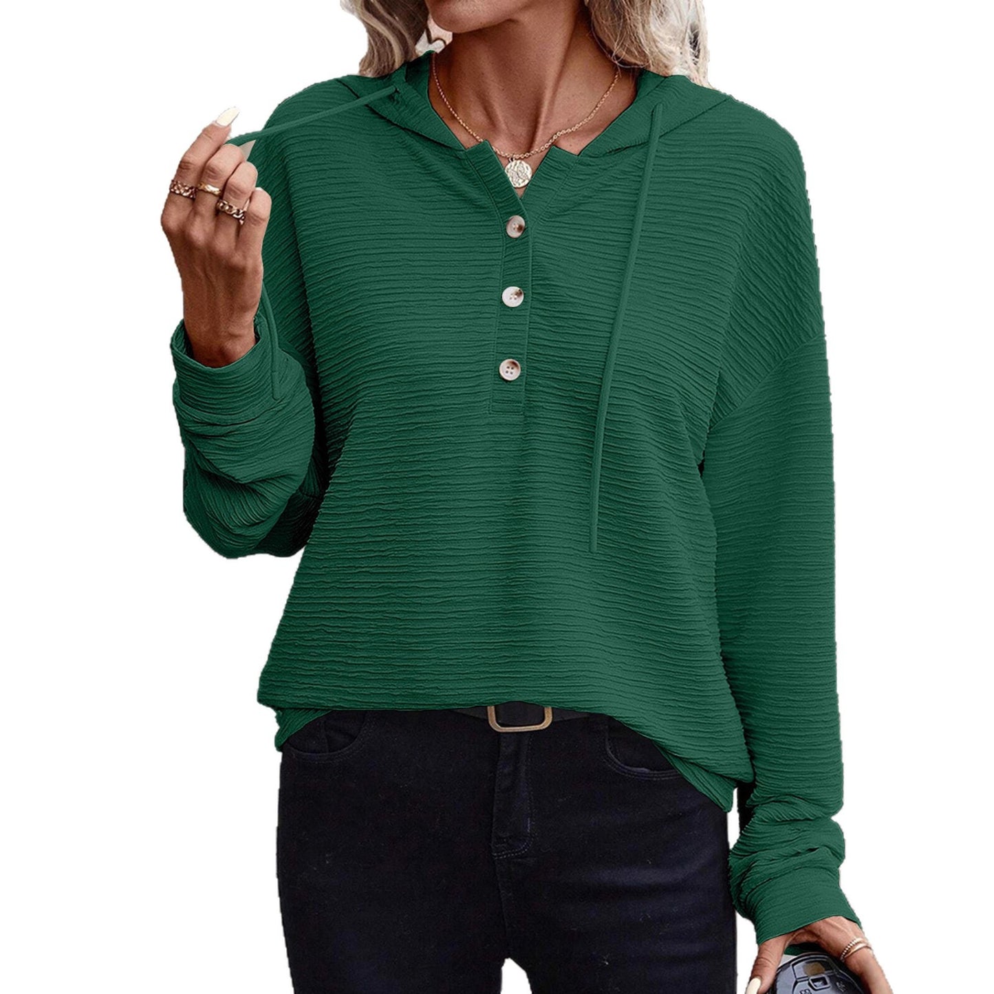Damen lässiger Kapuzenpullover mit strukturierter Oberfläche und Knopfverschluss Stalluxe