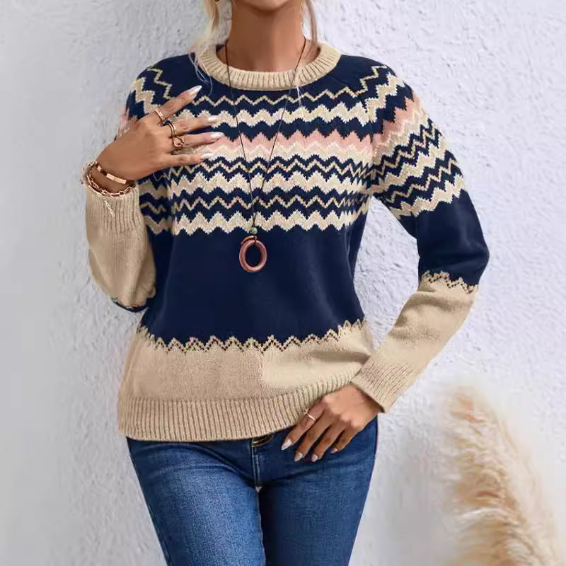 Damen elegante Strickpullover mit modernem Zick-Zack-Muster und Rundhalsausschnitt Stalluxe
