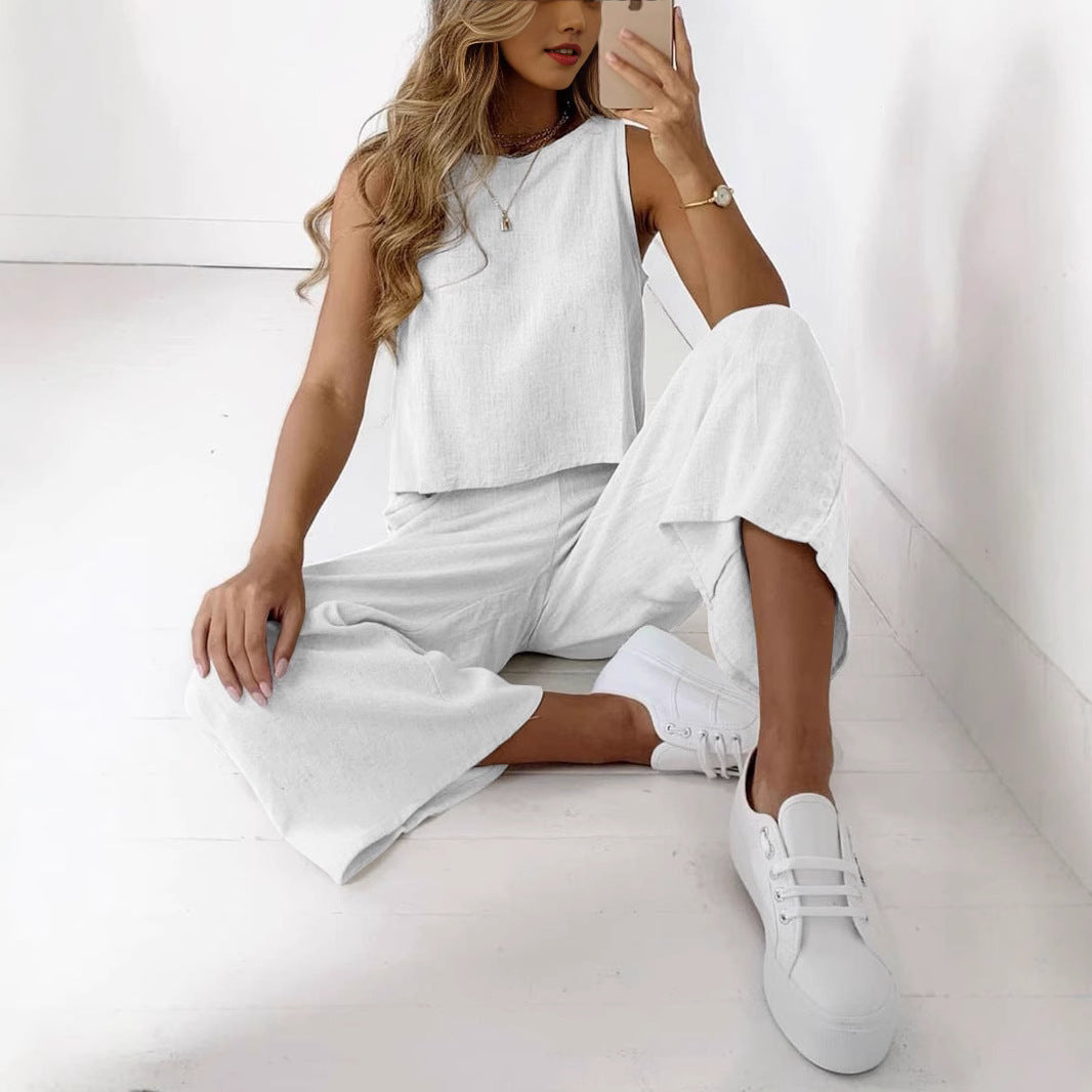 Damen Lässiges Zweiteiliges Set aus weichem Leinenstoff mit weitem Schnitt und elastischem Bund Stalluxe