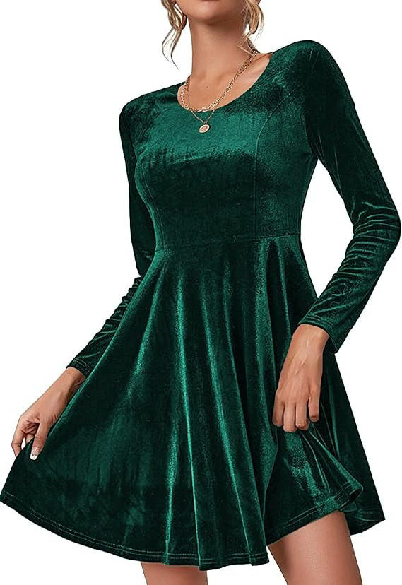 Damen Langarm Velours Kleid mit fließendem Rock Stalluxe