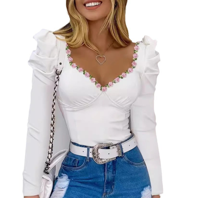 Damen Elegant verzierte Bluse mit Puffärmeln und floralem Ausschnitt Stalluxe