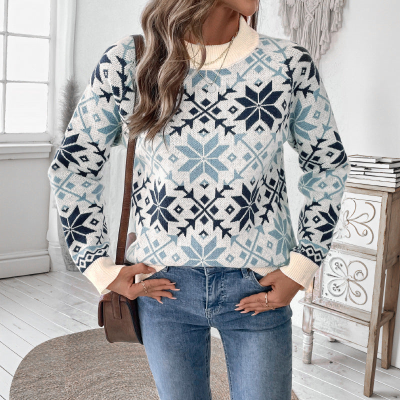 Damen gestrickter Pullover mit winterlichem Schneeflockenmuster Stalluxe
