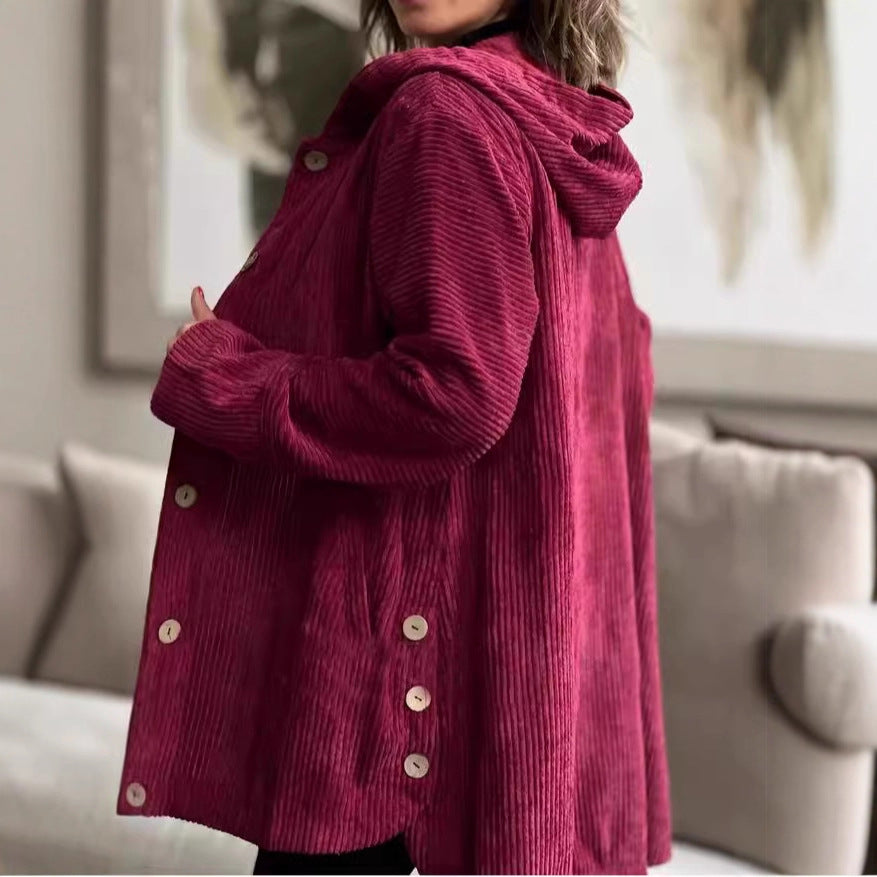 Damen Lässige cordjacke mit Kapuze und großen Knöpfen Stalluxe