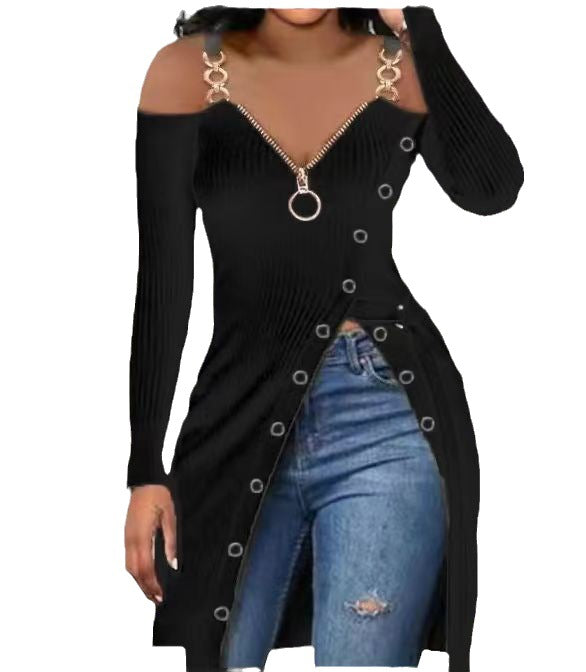 Damen Kleid mit tiefem Ausschnitt und dekorativen Knopfdetails Stalluxe
