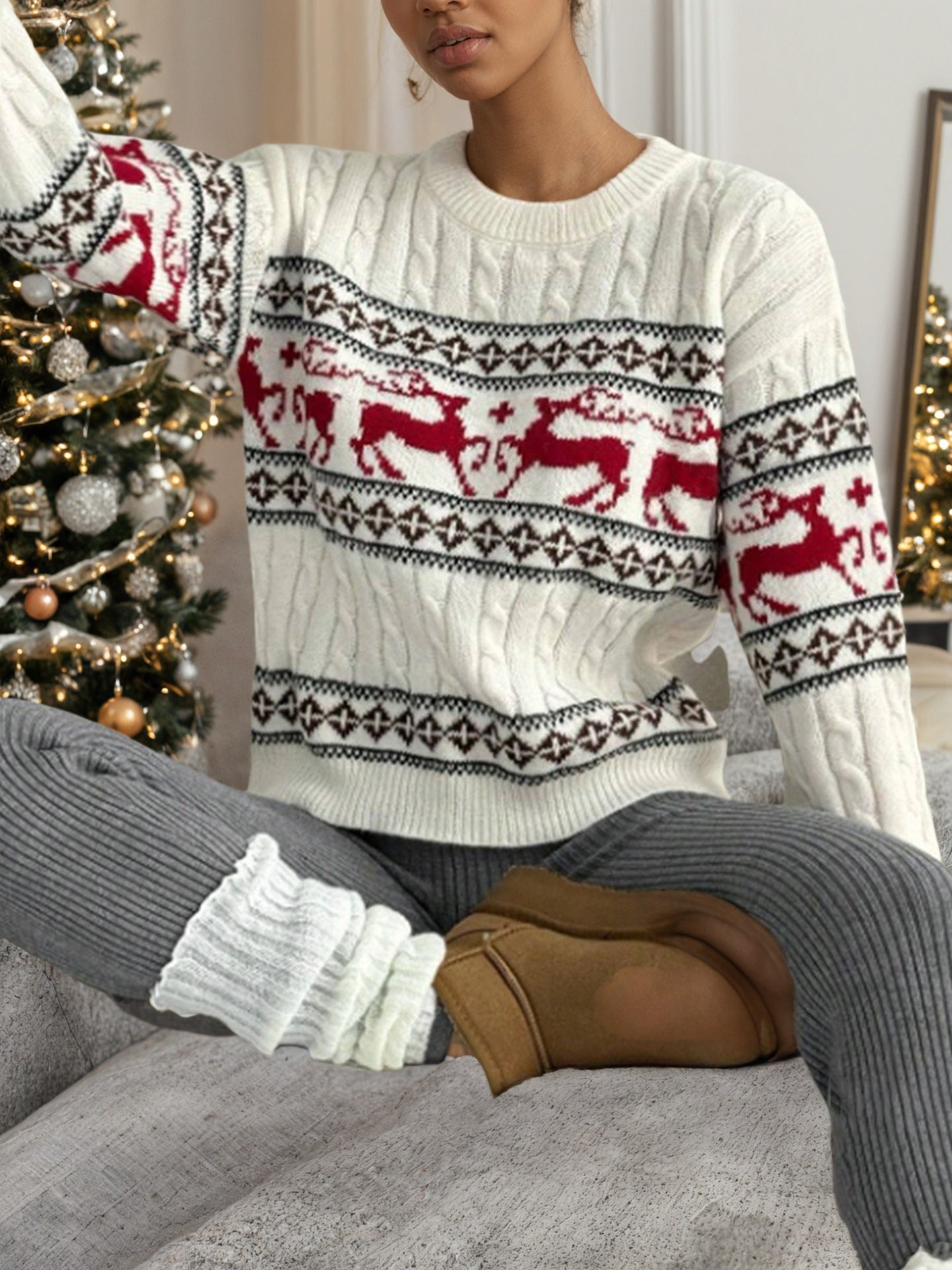Damen Strickpullover mit festlichem Rentier-Muster und luxuriösem Zopfmuster Stalluxe
