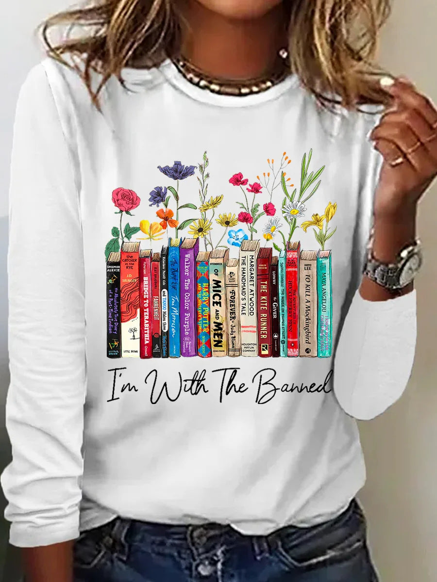 Damen Langarmshirt mit Bücher- und Blumenmotiv Stalluxe