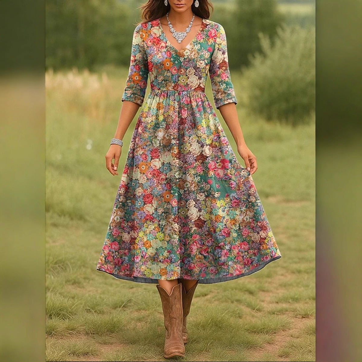 Damen Maxikleid mit floralem Design und elegantem V-Ausschnitt Stalluxe