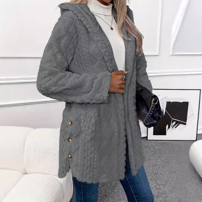 Damen Teddy-Jacke mit Kapuze und Knopfdetail Stalluxe