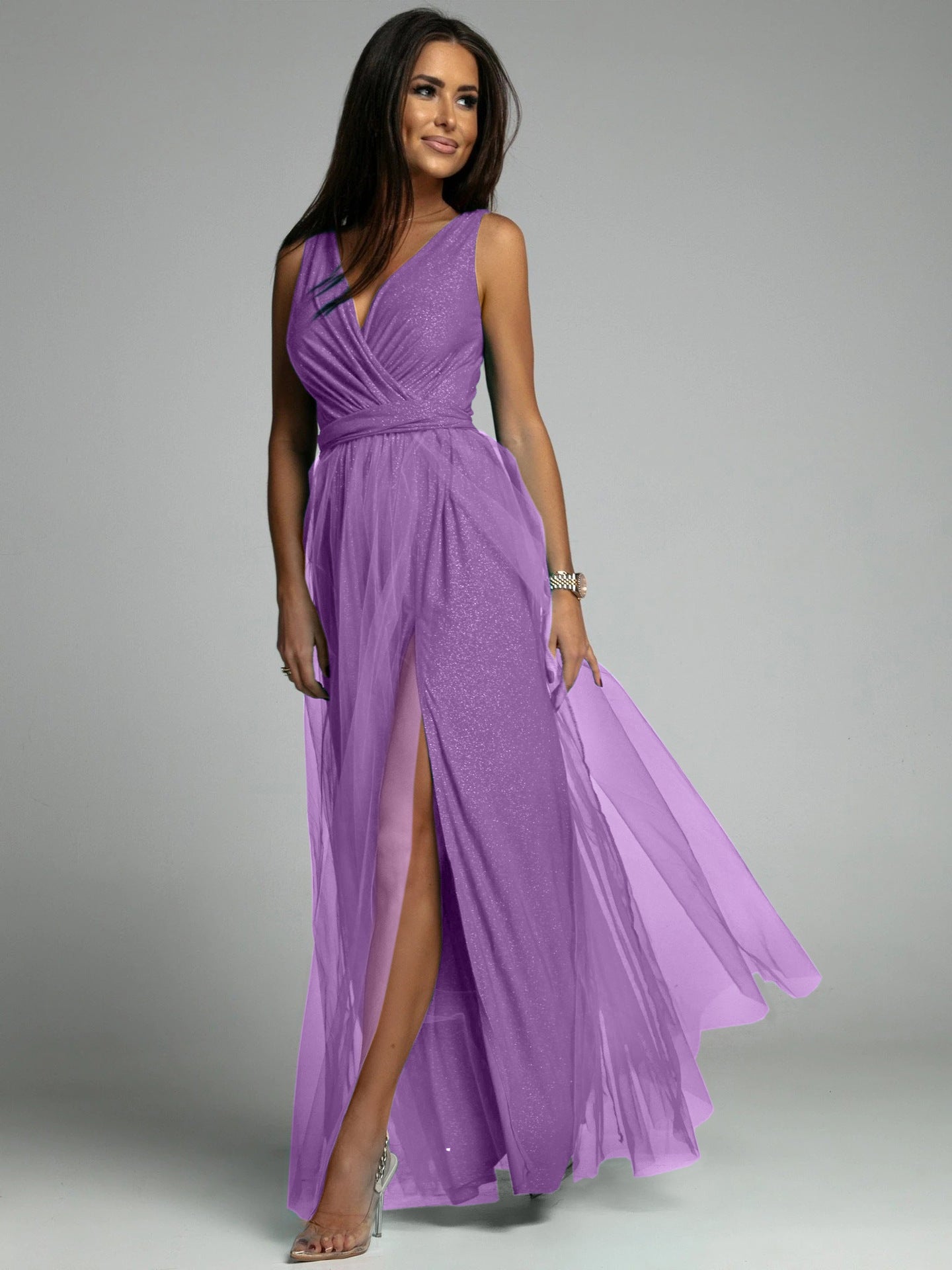 Damen Maxikleid mit V-Ausschnitt und elegantem Faltenwurf Stalluxe