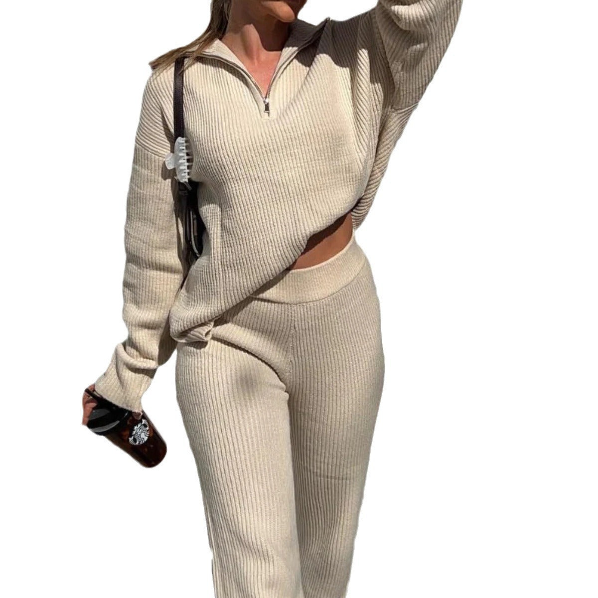 Damen kuscheliges Strick-Loungewear-Set mit hoch geschlossenem Kragen Stalluxe