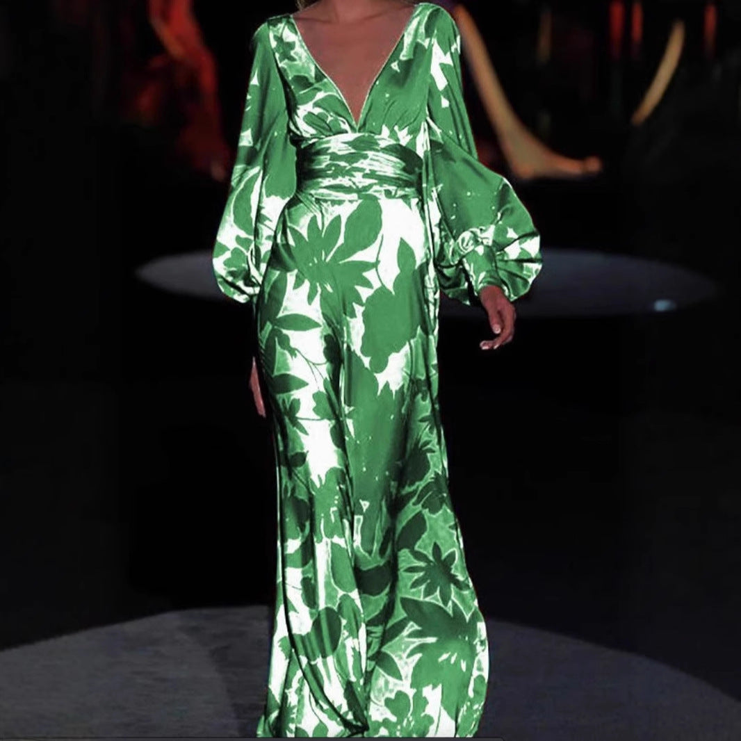 Damen Maxi-Kleid mit tiefem V-Ausschnitt und voluminösen Ärmeln Stalluxe