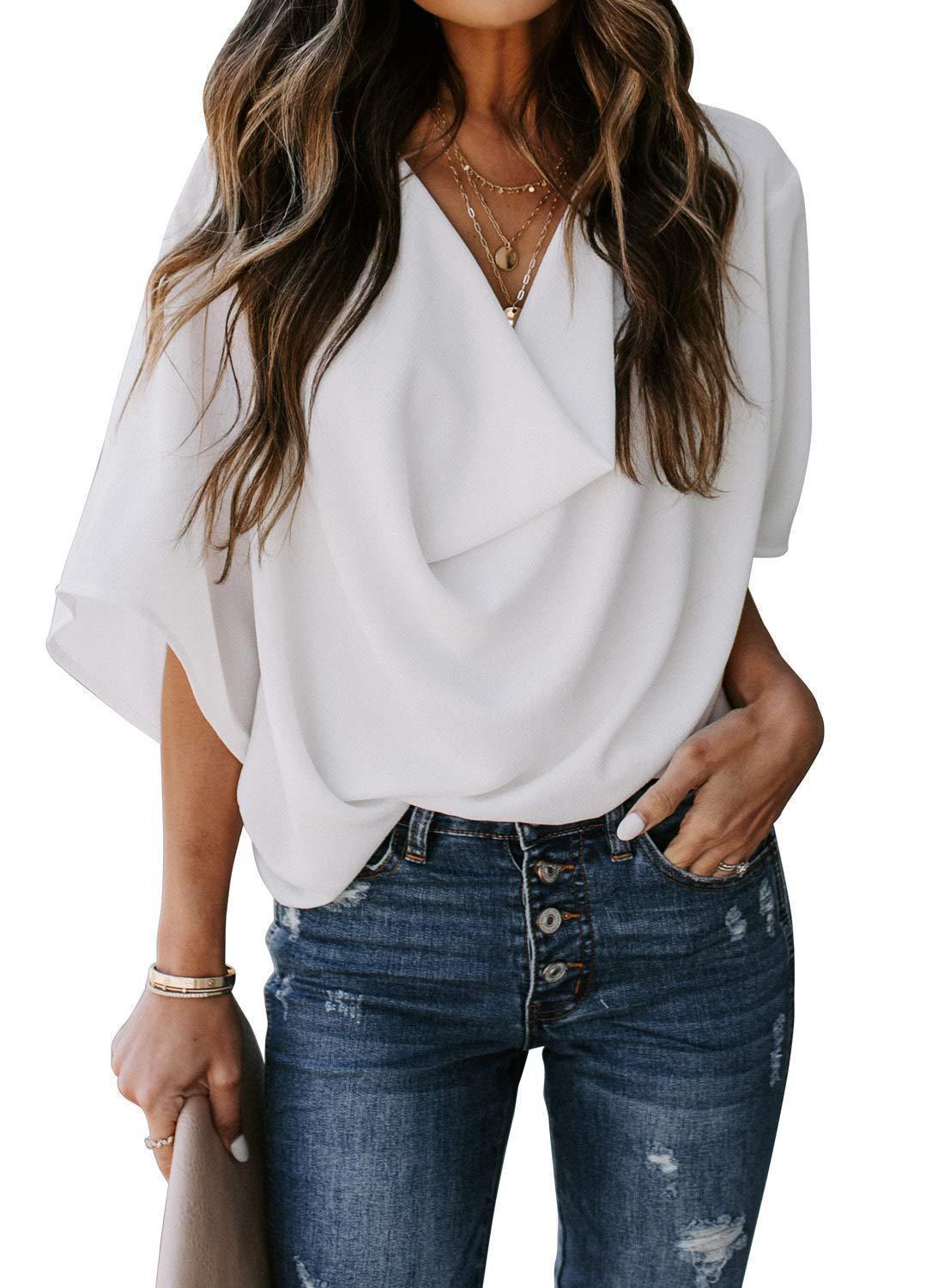 Damen elegante Bluse mit drapiertem V-Ausschnitt und weit geschnittenen Ärmeln Stalluxe