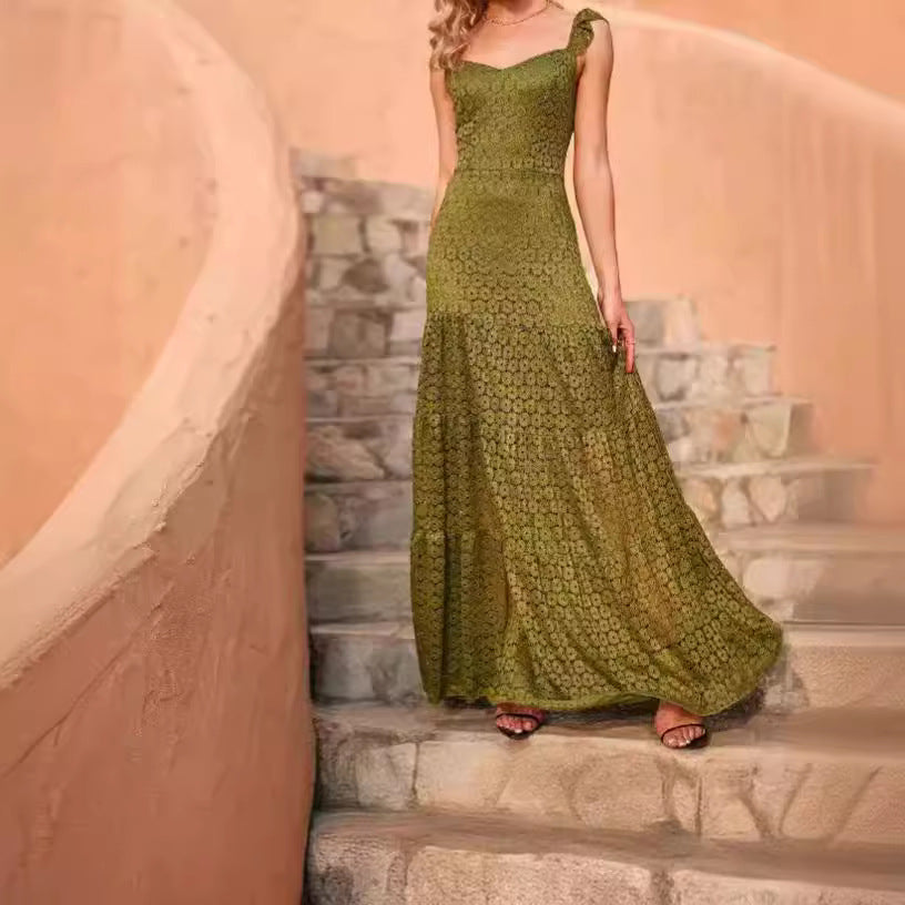 Damen Maxikleid mit exquisite Häkelstruktur und fließendem Rock Stalluxe