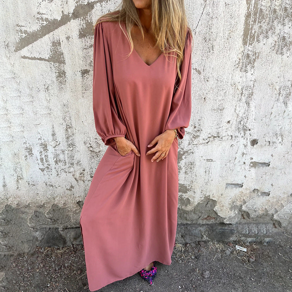 Damen Elegantes Maxikleid mit V-Ausschnitt und Taschen Stalluxe