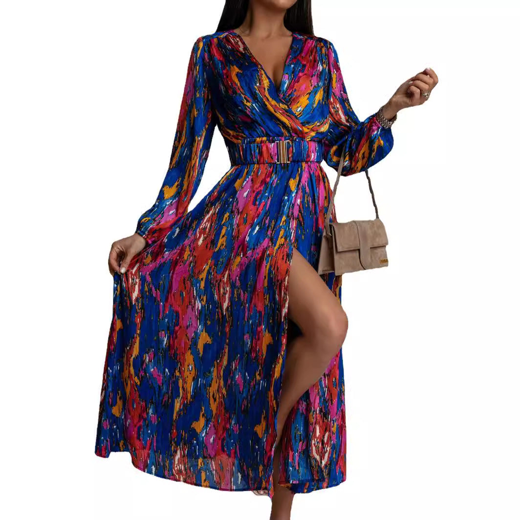 Damen Maxikleid mit voluminösen Ärmeln und dekorativem Gürtel Stalluxe