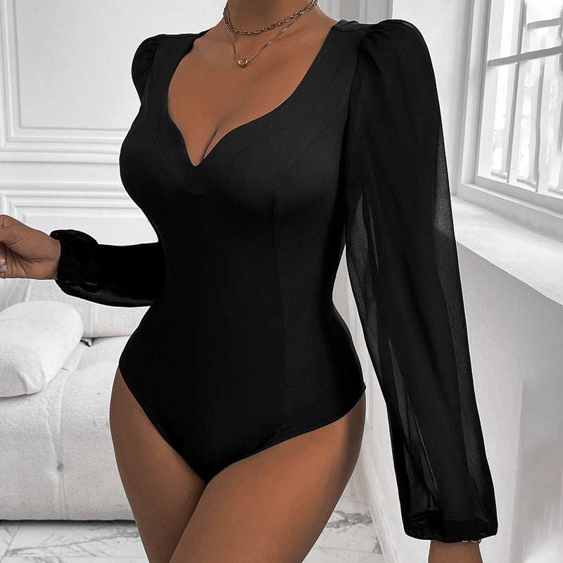 Damen Eleganter Body mit romantischen Puffärmeln und V-Ausschnitt Stalluxe