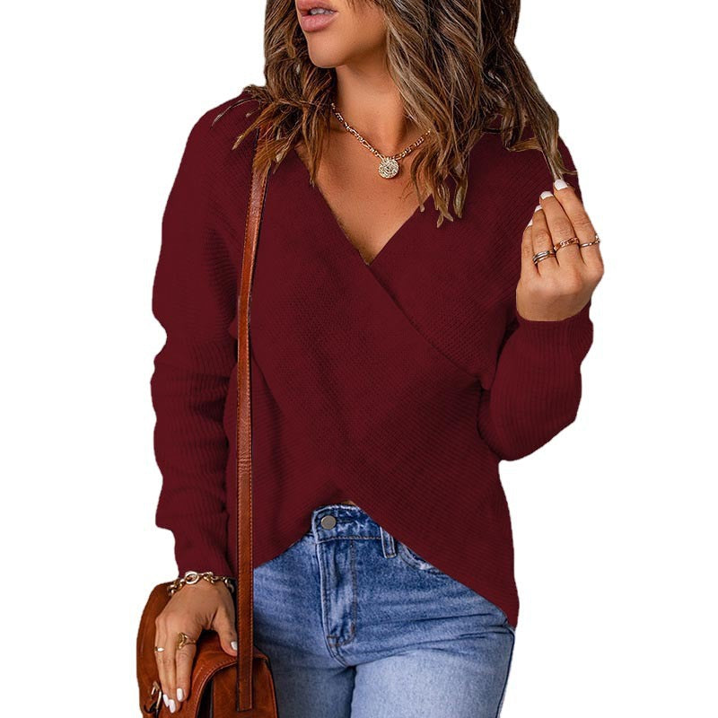 Damen lässiger Wickel-Pullover mit tiefem V-Ausschnitt und strukturiertem Gewebe Stalluxe