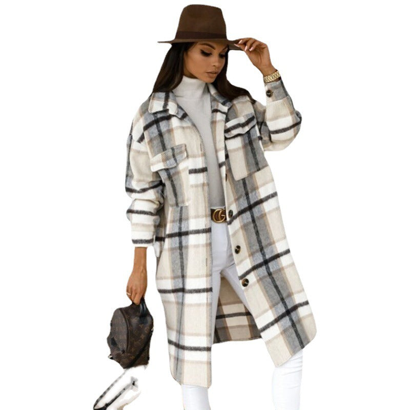 Damen Karierter Wollmantel mit Knopfdetails und praktischen Taschen Stalluxe