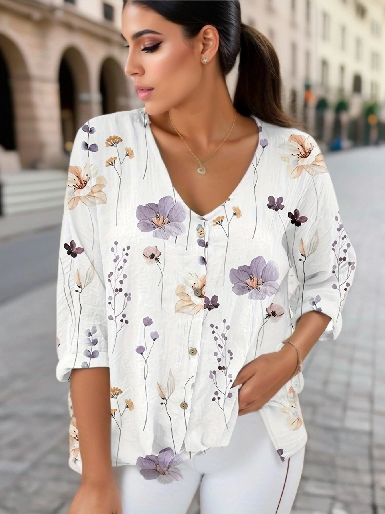 Damen Lässiges Blusenshirt mit floralem Druck und Knopfverschluss Stalluxe