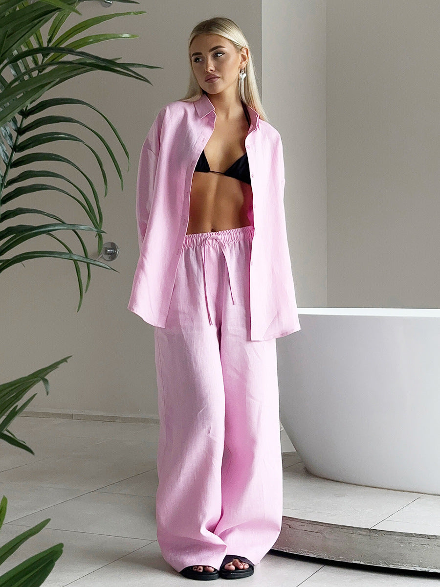 Damen lässiger Leinenanzug mit weiten Hosen und oversize Hemd Stalluxe